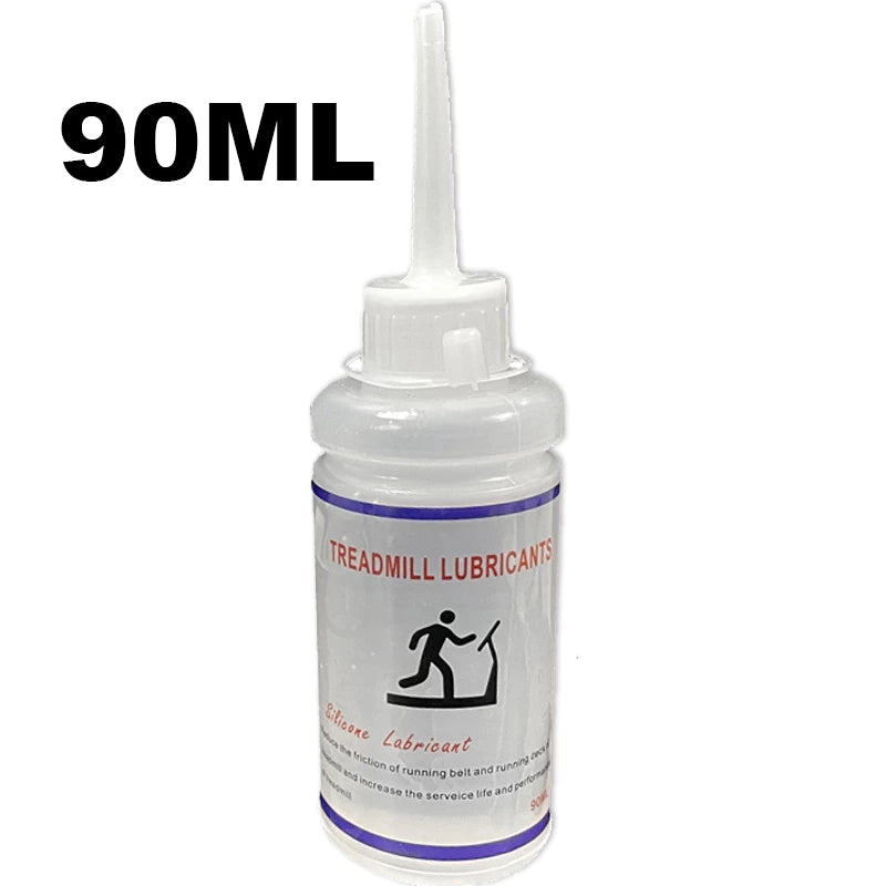 Flacon de lubrifiant au silicone HALT3R pour tapis roulant (90 ml) sur fond blanc. Le flacon transparent est muni d'un bouchon à vis et d'un long embout applicateur fin. L'étiquette indique "TREADMILL LUBRICANTS" en rouge, une icône de personne marchant sur un tapis, "Silicone Lubricant" en script, et d'autres textes descriptifs en anglais. Le texte "90ML" est superposé en noir en haut à gauche de l'image.