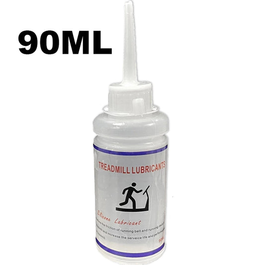 Flacon de lubrifiant au silicone HALT3R pour tapis roulant (90 ml) sur fond blanc. Le flacon transparent est muni d'un bouchon à vis et d'un long embout applicateur fin. L'étiquette indique "TREADMILL LUBRICANTS" en rouge, une icône de personne marchant sur un tapis, "Silicone Lubricant" en script, et d'autres textes descriptifs en anglais. Le texte "90ML" est superposé en noir en haut à gauche de l'image.