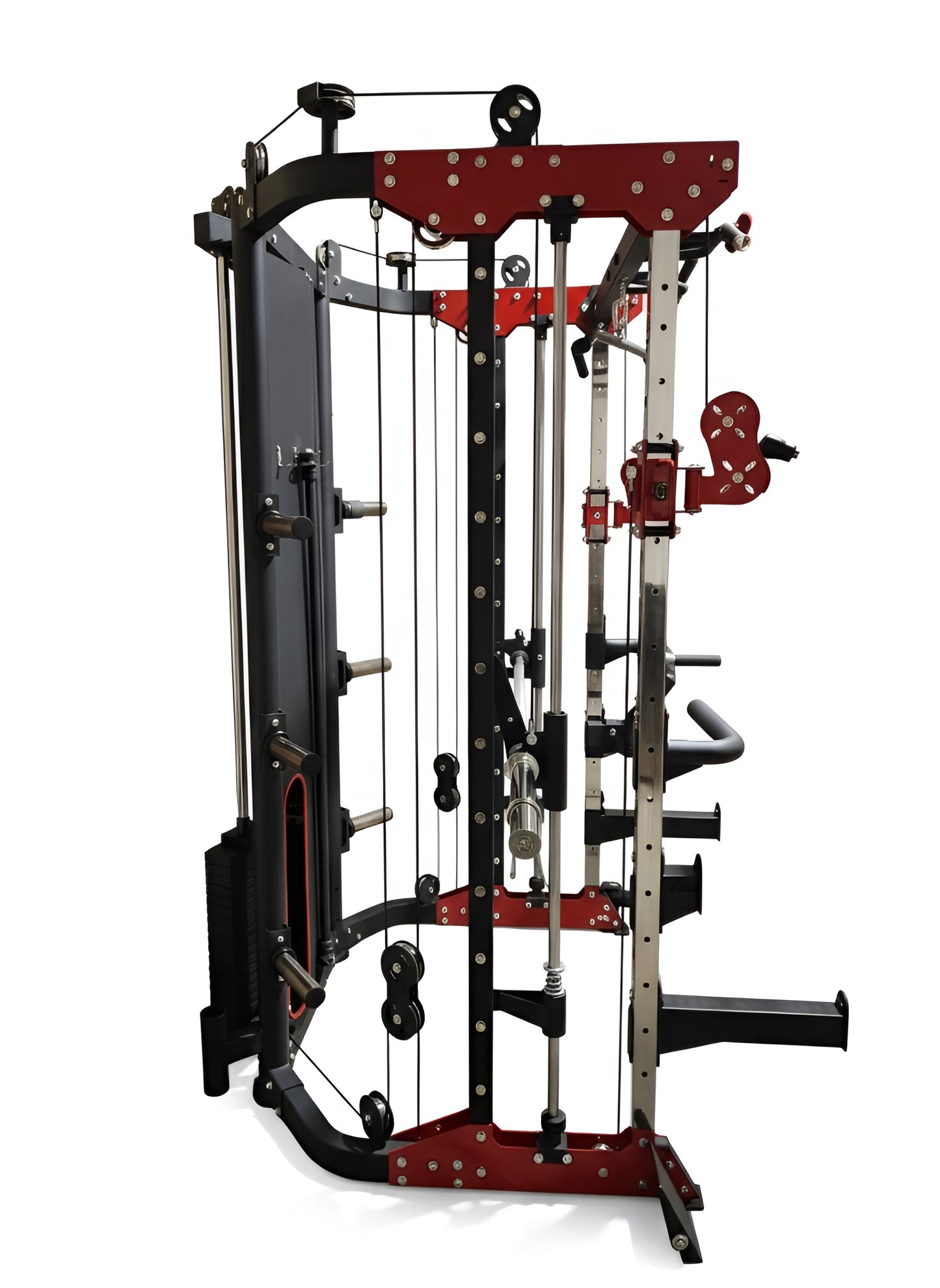 Accessoires inclus avec la Smith Machine PRO-X : poignées D, landmine, barres à dips, spotter arms et barre à poulie longue, prêts pour un entraînement complet et polyvalent.
