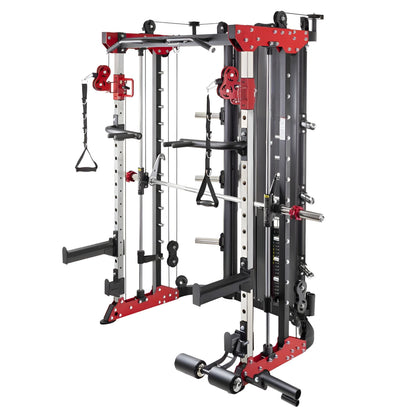 Structure robuste de la Smith Machine PRO-X montrant les doubles poulies ajustables et la conception compacte idéale pour les gyms maison.