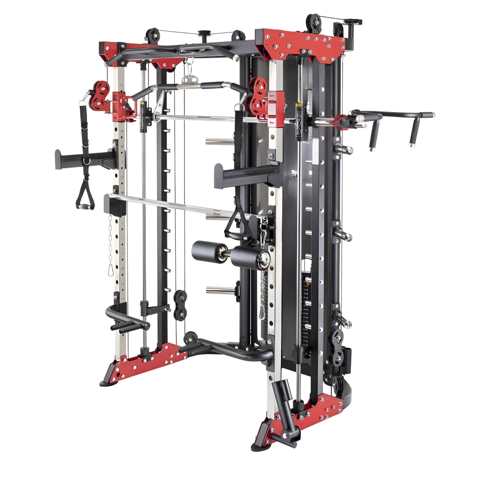 Accessoires inclus avec la Smith Machine PRO-X : poignées D, landmine, barres à dips, spotter arms et barre à poulie longue, prêts pour un entraînement complet et polyvalent.