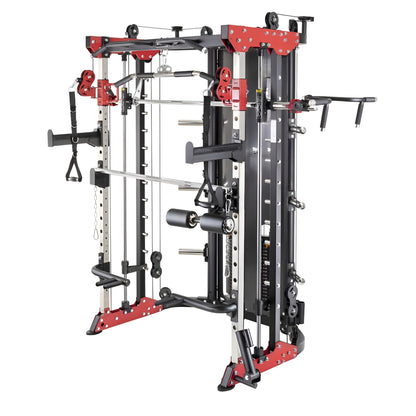 Accessoires inclus avec la Smith Machine PRO-X : poignées D, landmine, barres à dips, spotter arms et barre à poulie longue, prêts pour un entraînement complet et polyvalent.