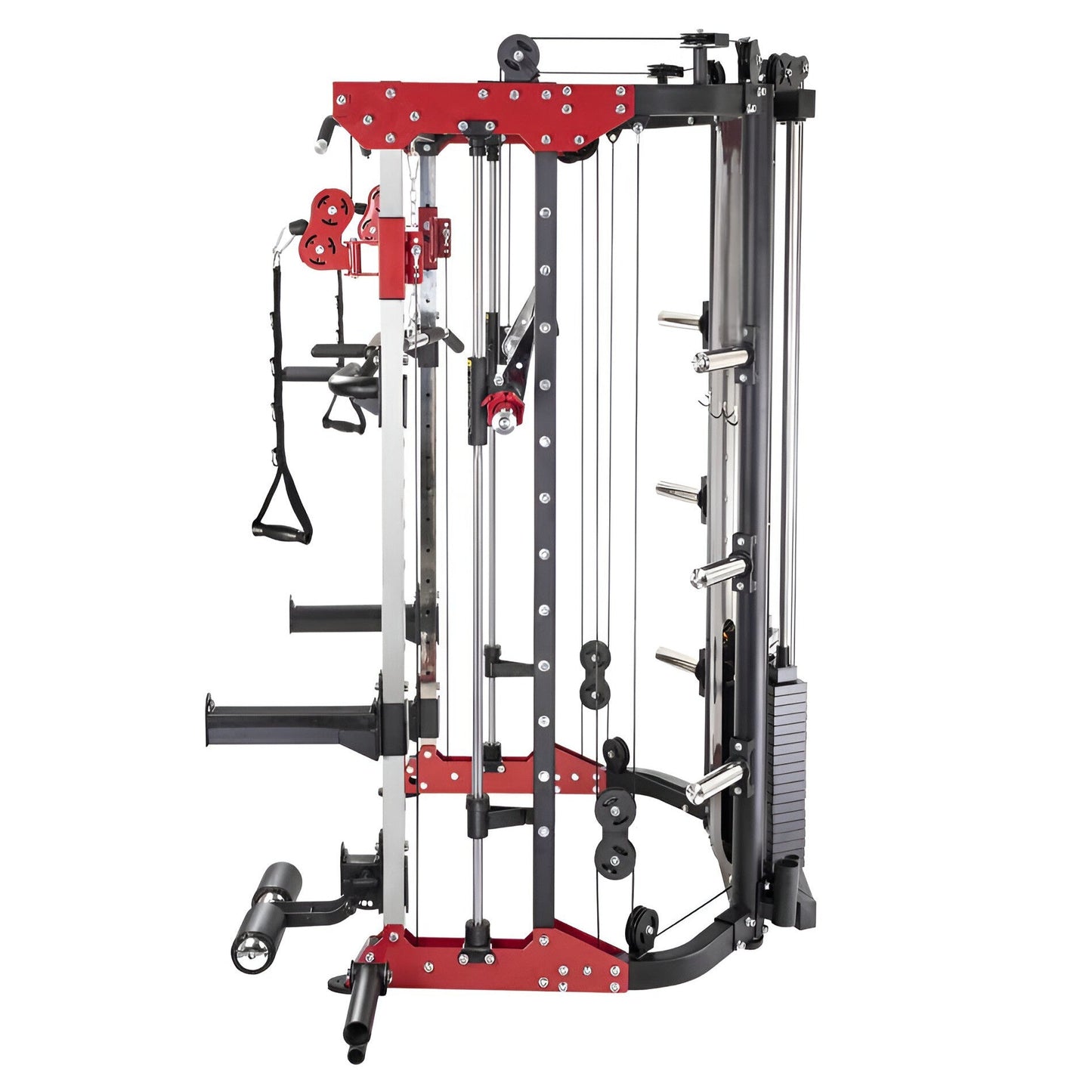 Détail des colonnes de poids intégrées de 130 lbs chacune et du système de câbles haute fluidité de la Smith Machine PRO-X.
