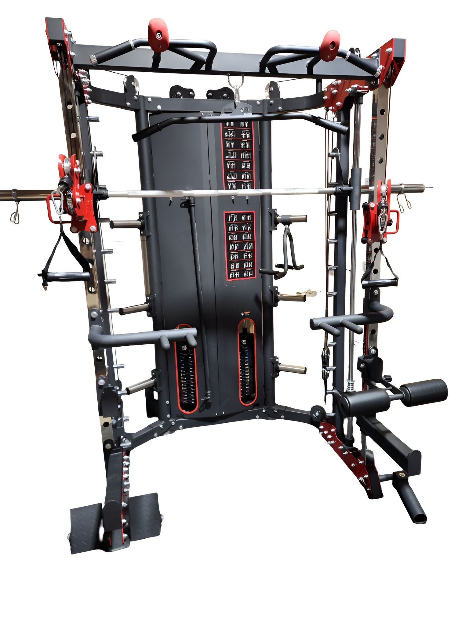 Structure robuste de la Smith Machine PRO-X montrant les doubles poulies ajustables et la conception compacte idéale pour les gyms maison.