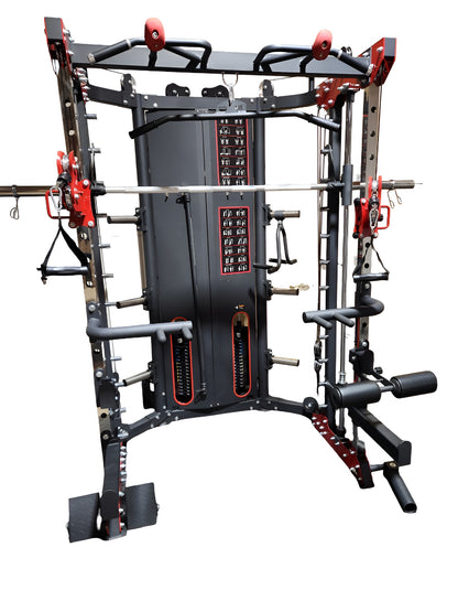 Structure robuste de la Smith Machine PRO-X montrant les doubles poulies ajustables et la conception compacte idéale pour les gyms maison.