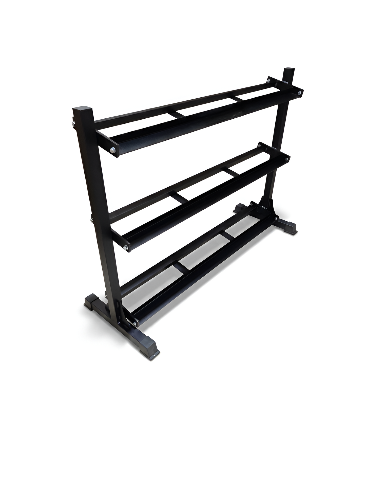 Vue en perspective de trois quarts d'un support de rangement horizontal noir à trois niveaux pour haltères, sur fond blanc isolé. Le râtelier est vide, montrant sa structure en acier robuste, ses tablettes inclinées et sa grande capacité de stockage pour gym à domicile ou commercial.
