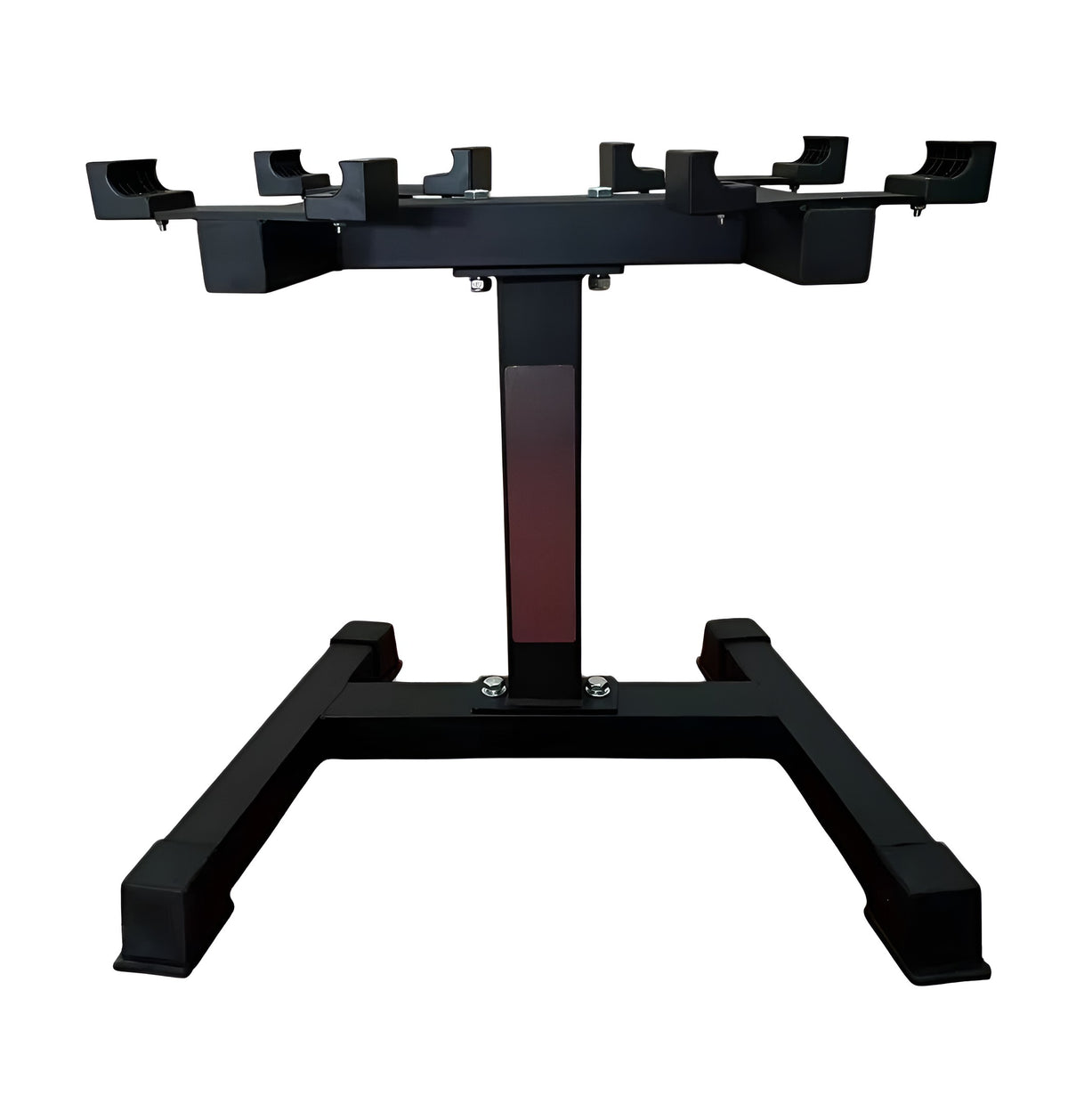 Support noir robuste en acier pour haltères ajustables, vue de face sur fond blanc.