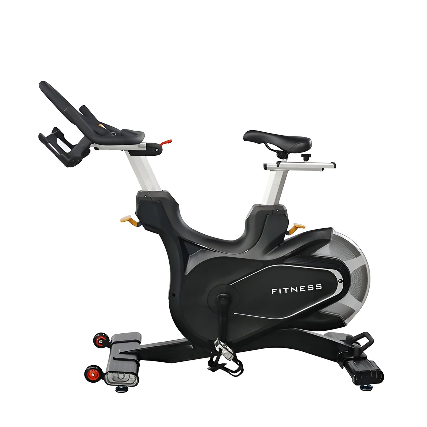 Vue latérale complète du vélo de spinning S3, noir mat avec des accents argentés sur la roue d'inertie et l'inscription « FITNESS ».