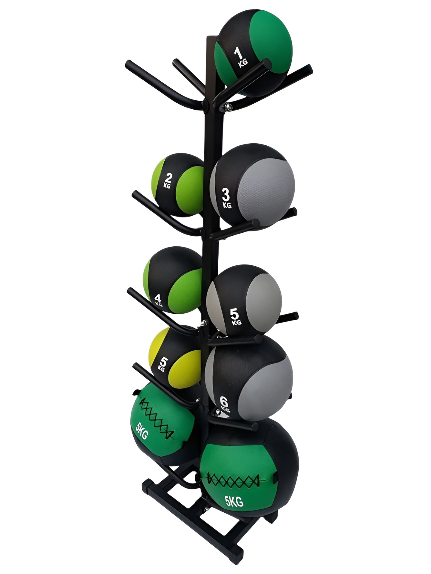 Rack de rangement HALT3R chargé de medicine balls et wall balls de 1kg à 6kg. Rangement compact et sécuritaire pour ballons de musculation, parfait pour les centres d'entraînement et home gyms.