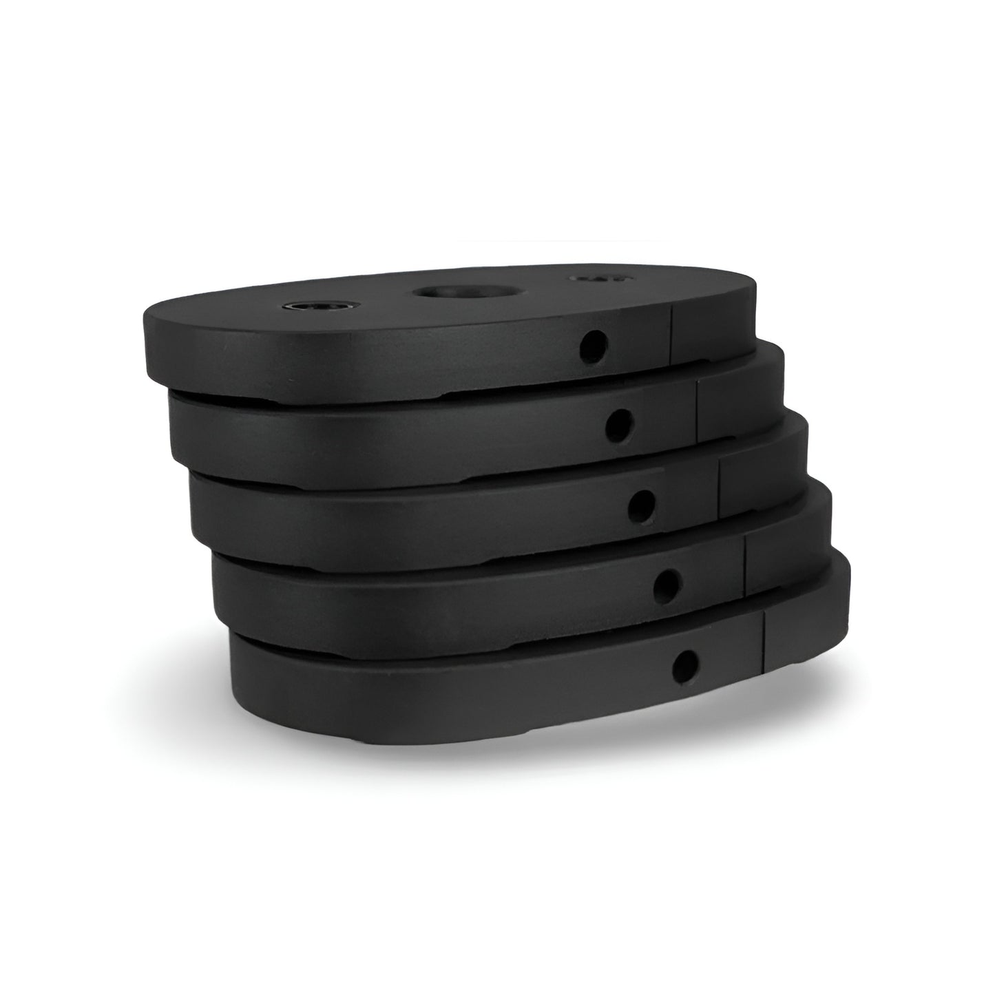 Pile des cinq plaques de poids de 10 lb de l'ensemble d'ajout de poids Inspire Fitness, conçues pour accroître la résistance des équipements compatibles.
